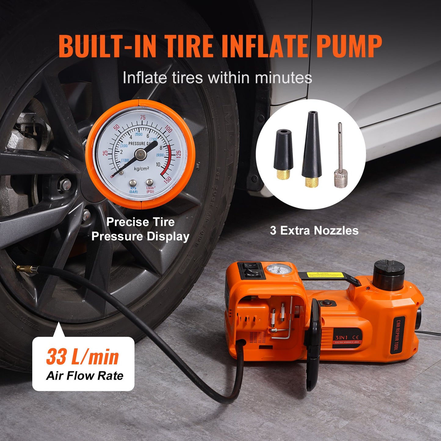 Electric Hydraulic Car Floor Jack 5 Ton 12V Built-in Tire Inflator