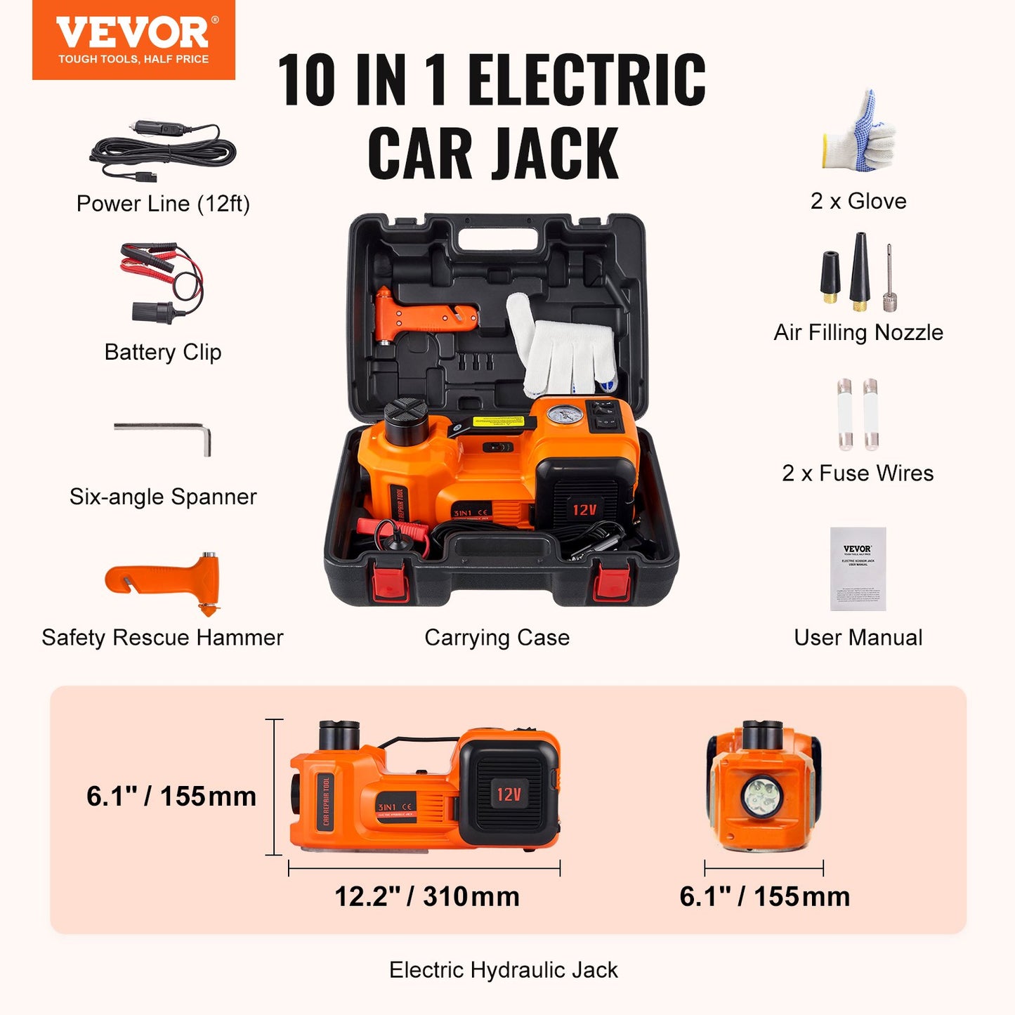 Electric Hydraulic Car Floor Jack 5 Ton 12V Built-in Tire Inflator