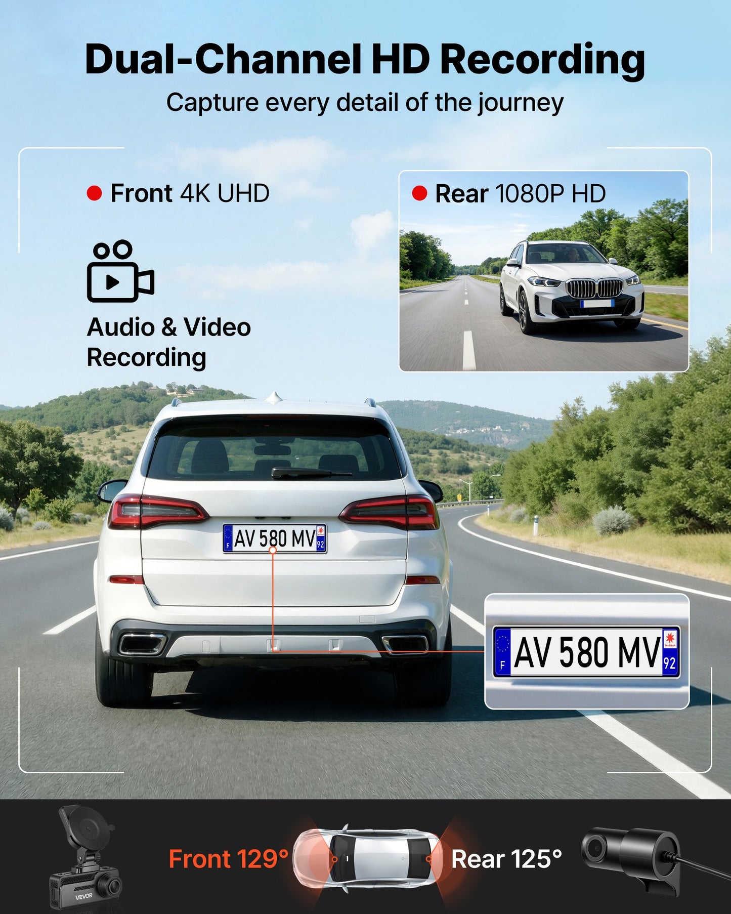 Dash Cam Front and Rear, 4K+1080P, 32 GB Card Included, Dual Channel