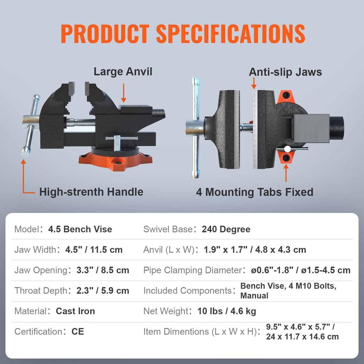 VEVOR Bench Vise, 114 mm(4.5-inch) Jaw Width 84 mm(3.3-inch) Jaw