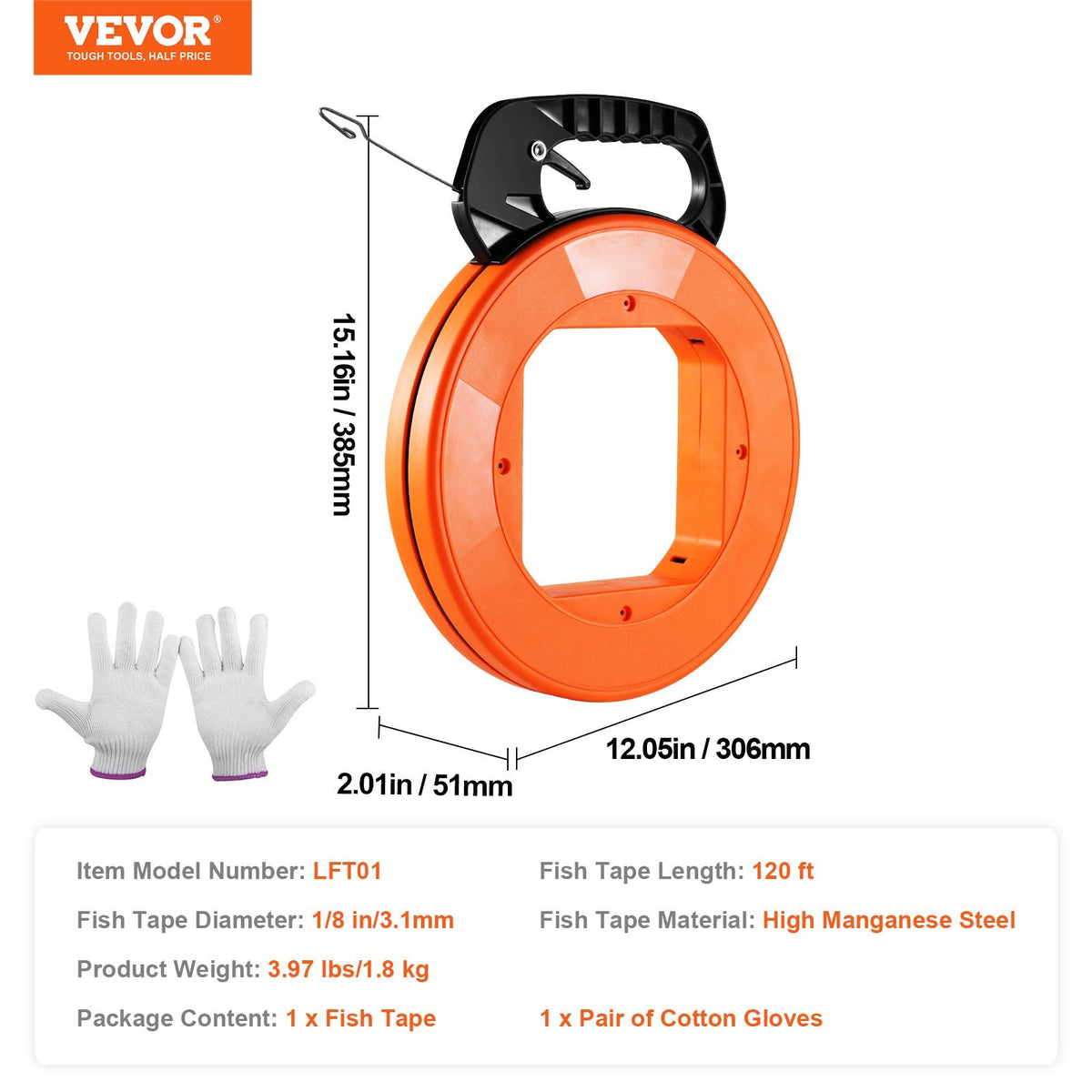 VEVOR Fish Tape Wire Cable Line Puller 36mx3,1mm (120ft 1/8 in) Steel