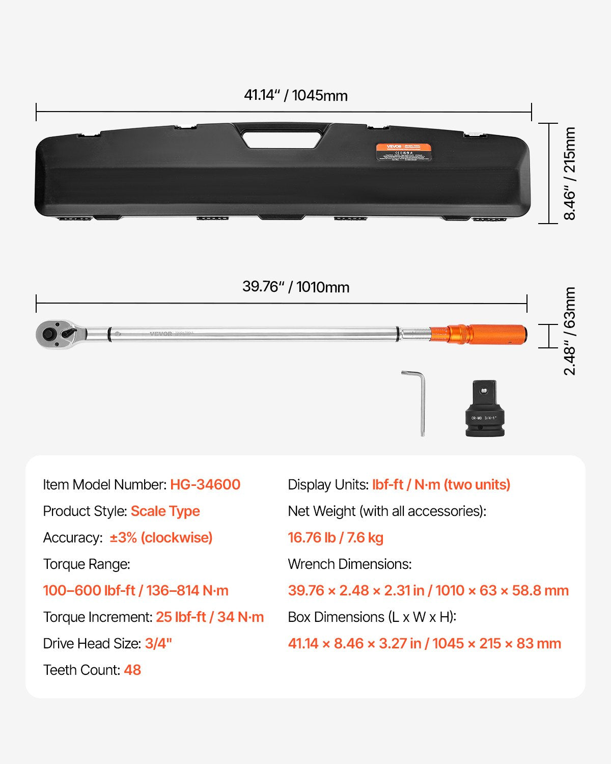 VEVOR Click Torque Wrench, 3/4 Inch Drive, 100-600 lbf-ft /