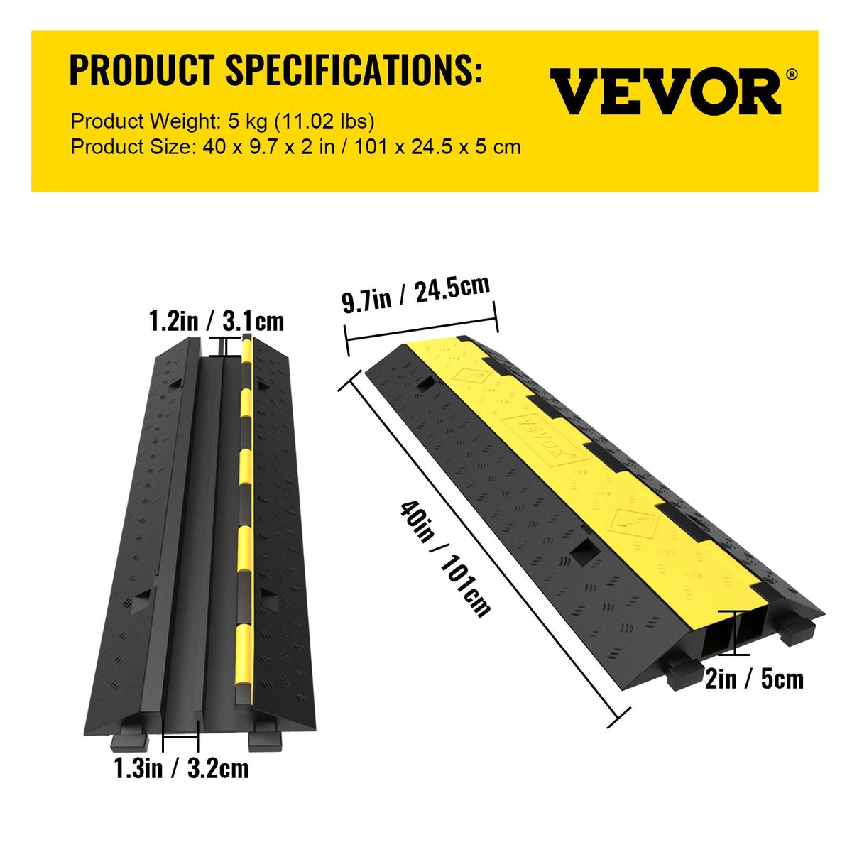 VEVOR Cable Protector Ramp 101x24.5x5 cm , 5 Packs 2 Channels Speed