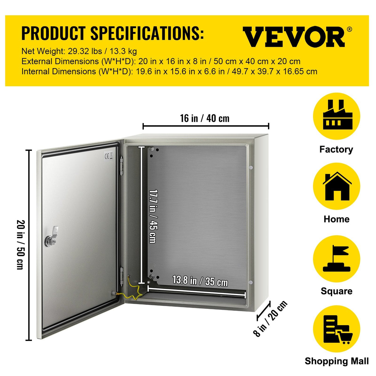 VEVOR NEMA Steel Enclosure, 50x40x20 cm NEMA 4X Steel Electrical Box,