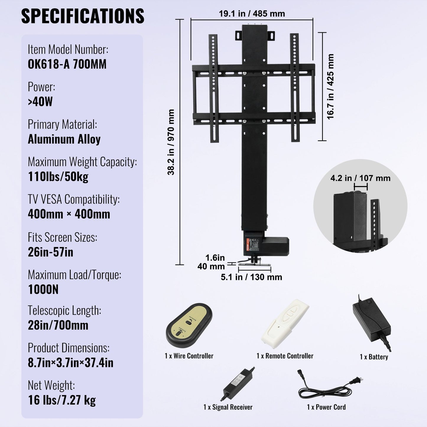 Motorized TV Lift Stroke Length 71.1 cm Motorized TV Mount Fit for