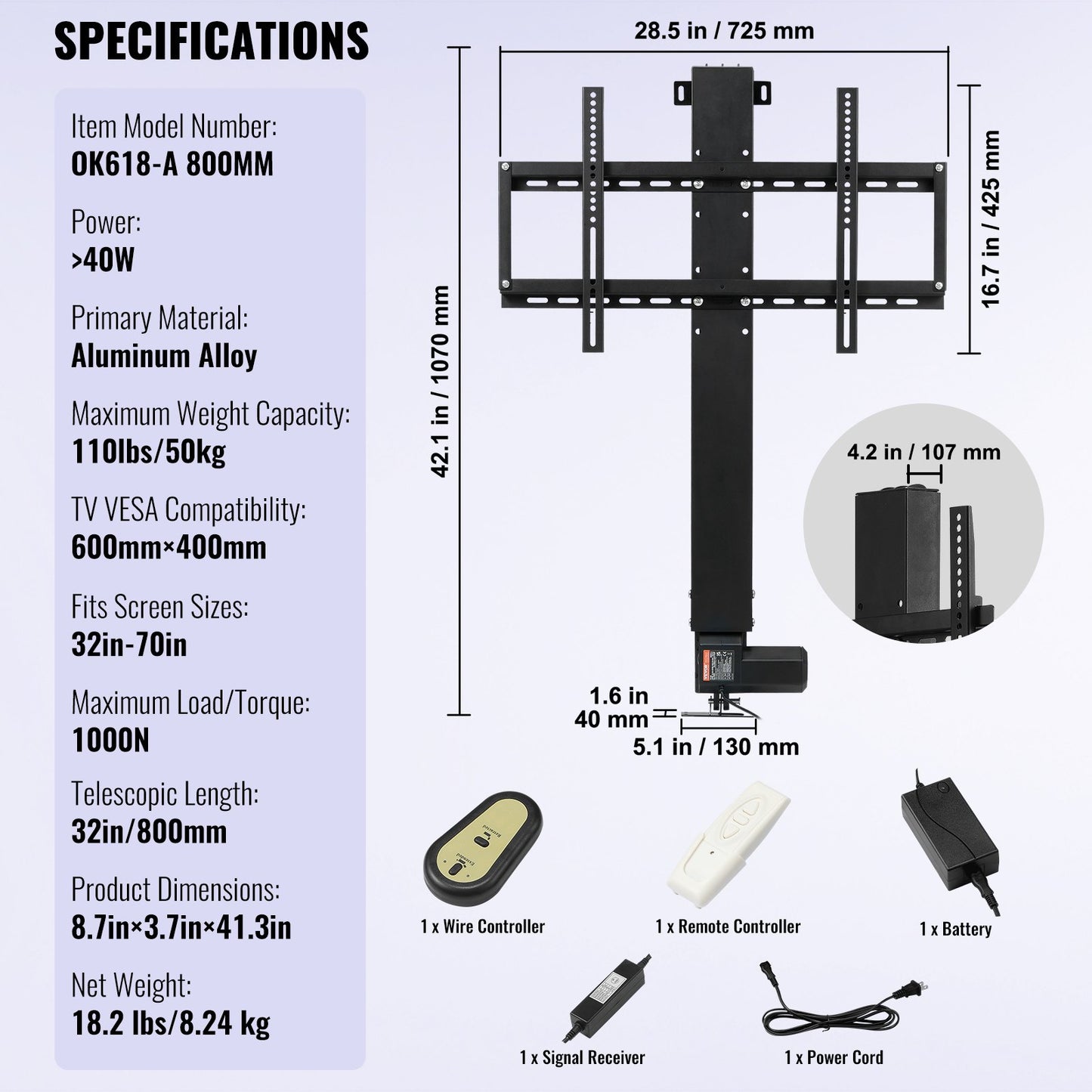 TV Lift Stand Motorized TV auto Lift Mount Bracket for 66–152.4 cm