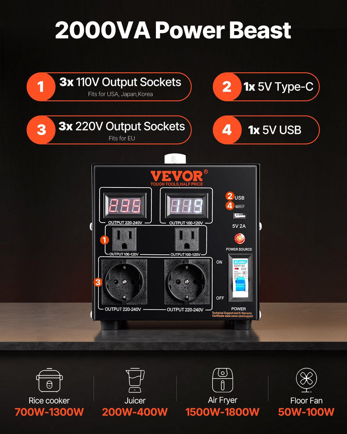 Voltage Converter Transformer, 2000VA, Heavy Duty Step Up/Down