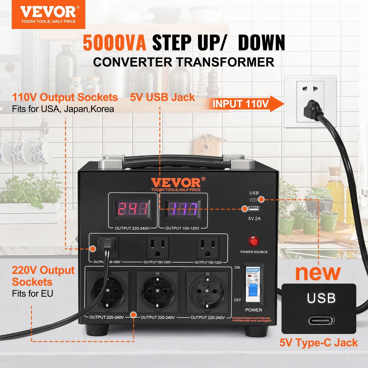 VEVOR Voltage Converter Transformer, 5000W, Heavy Duty Step Up/Down