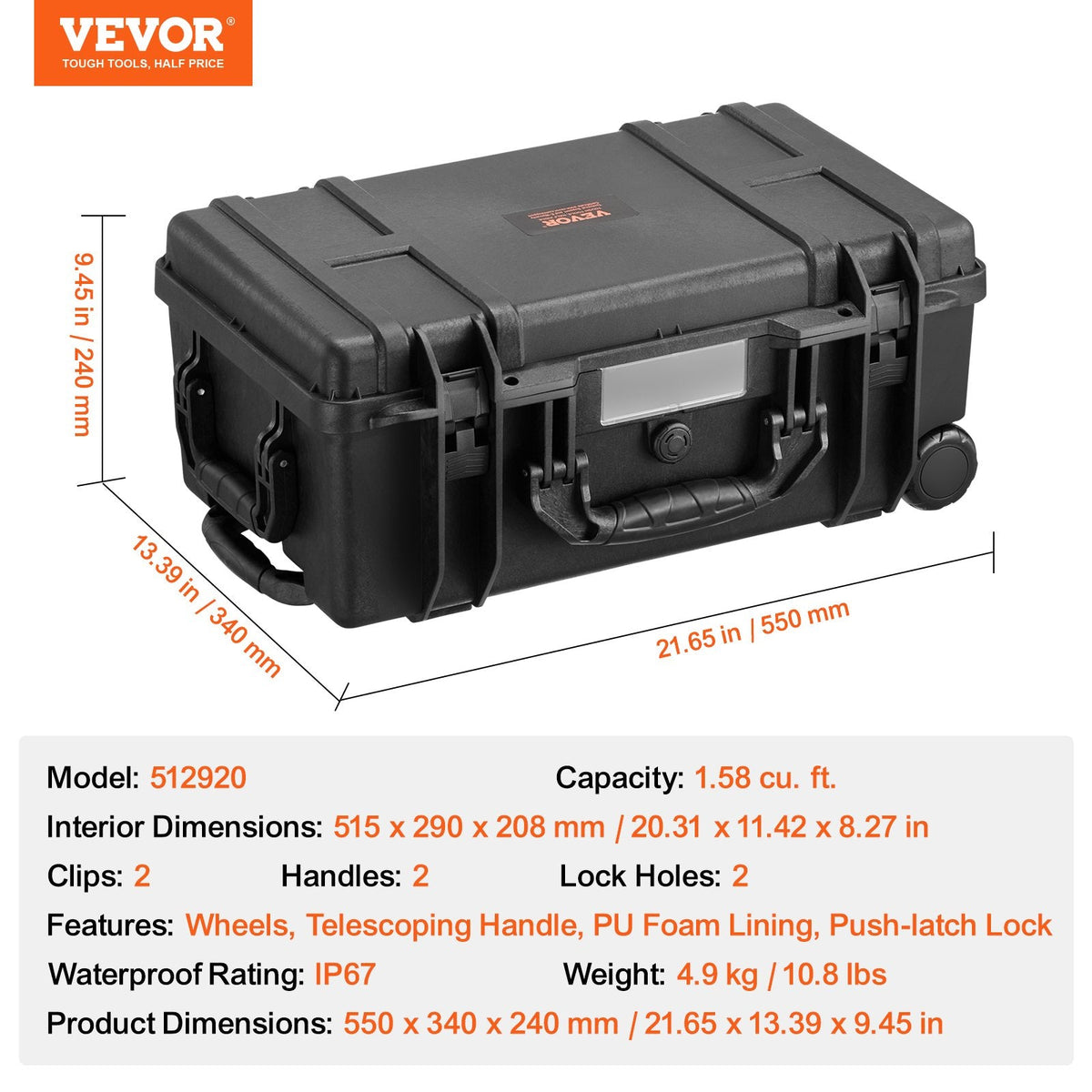 VEVOR Weatherproof Hard Case, Heavy Duty Protective Dry Box Case with