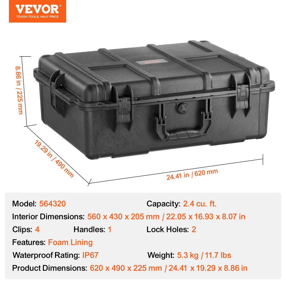 VEVOR Weatherproof Hard Case, Heavy Duty Protective Dry Box Case with