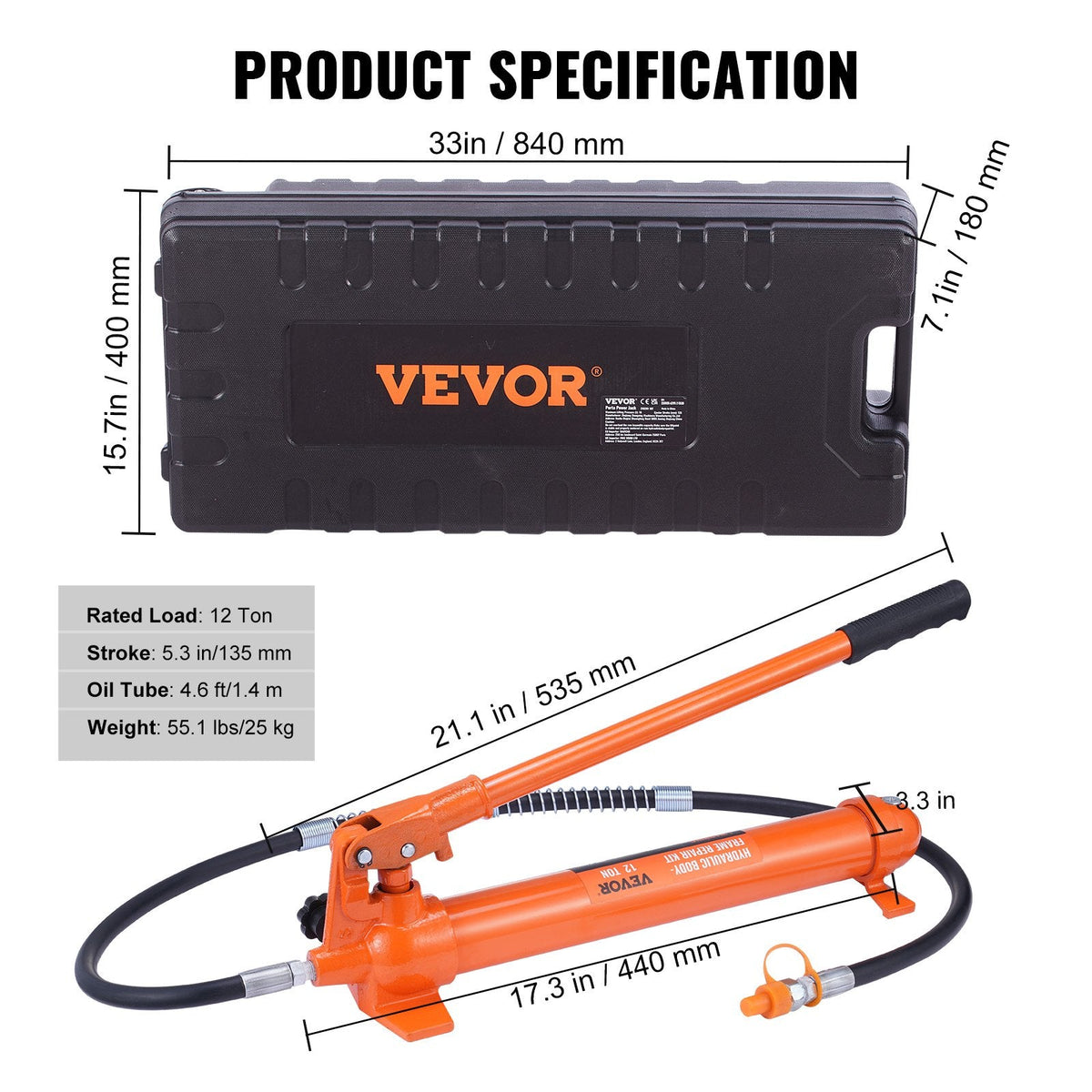 VEVOR 12 Ton Porta Power Kit, Hydraulic Ram with Pump with 4.6 ft/1.4