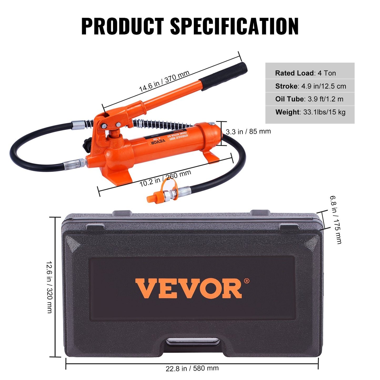 4 Ton Porta Power Kit, Portable Hydraulic Jack with 3.9 ft/1.2 m Oil