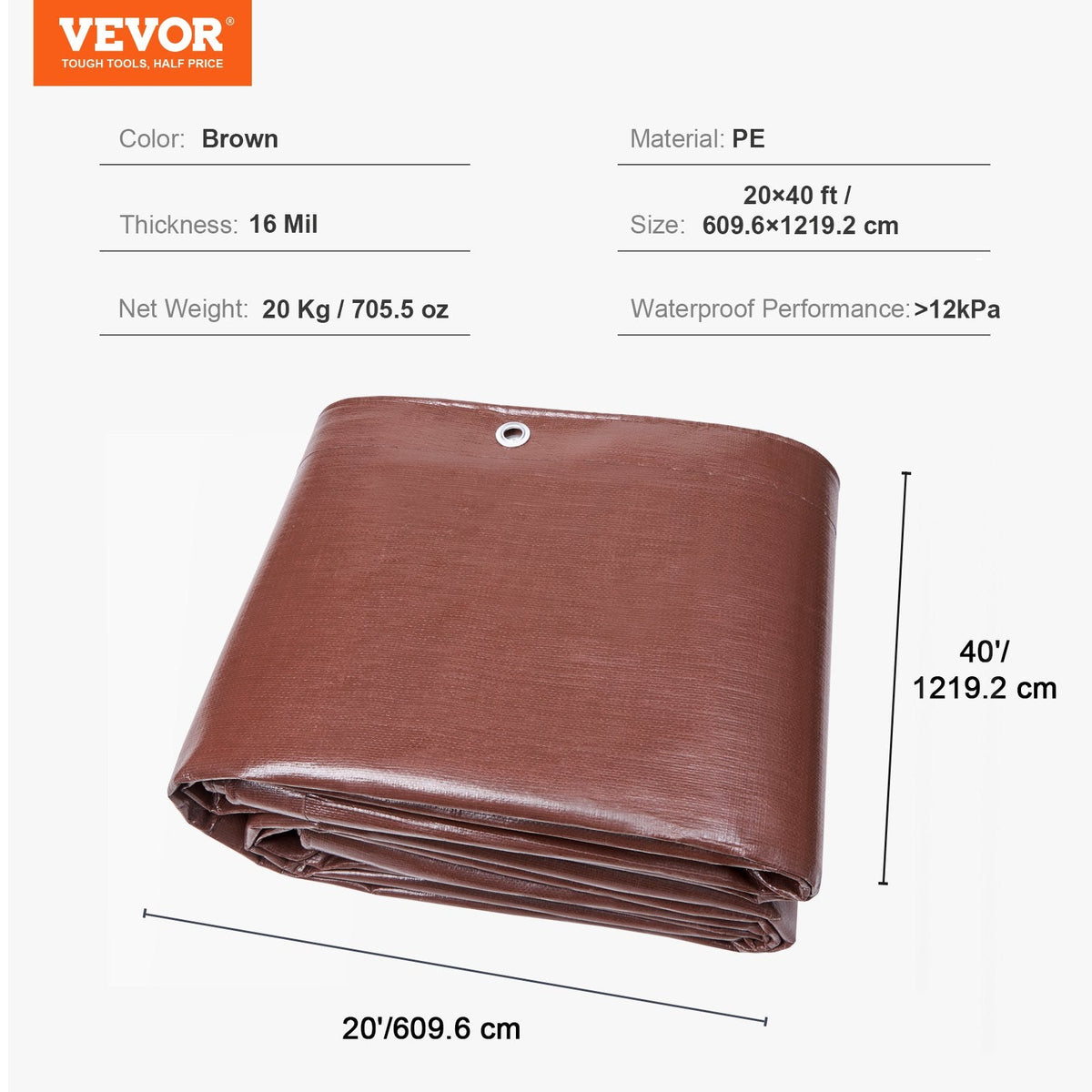 VEVOR Tarp 609.6 x 1219.2 cm 0.41 mm Extra Thick, Waterproof Poly