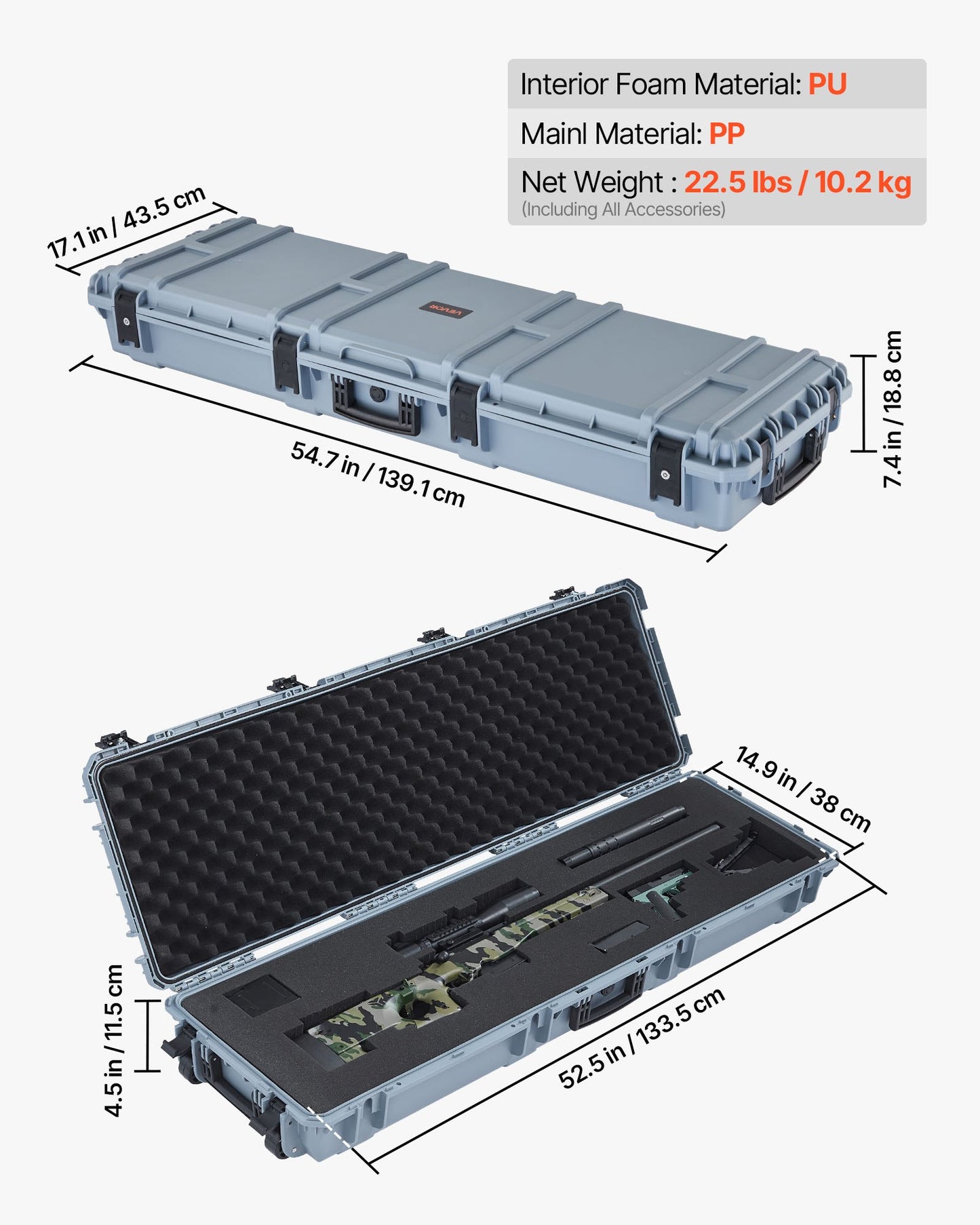 Hard Rifle Case, Lockable Rifle Case with Pre-cut Foams, 139.1 cm Gun