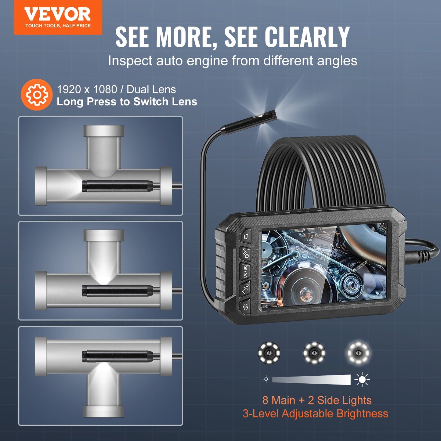 Endoscope Camera with Lights Triple Lens Borescope 499.9 cm Cable 12.7