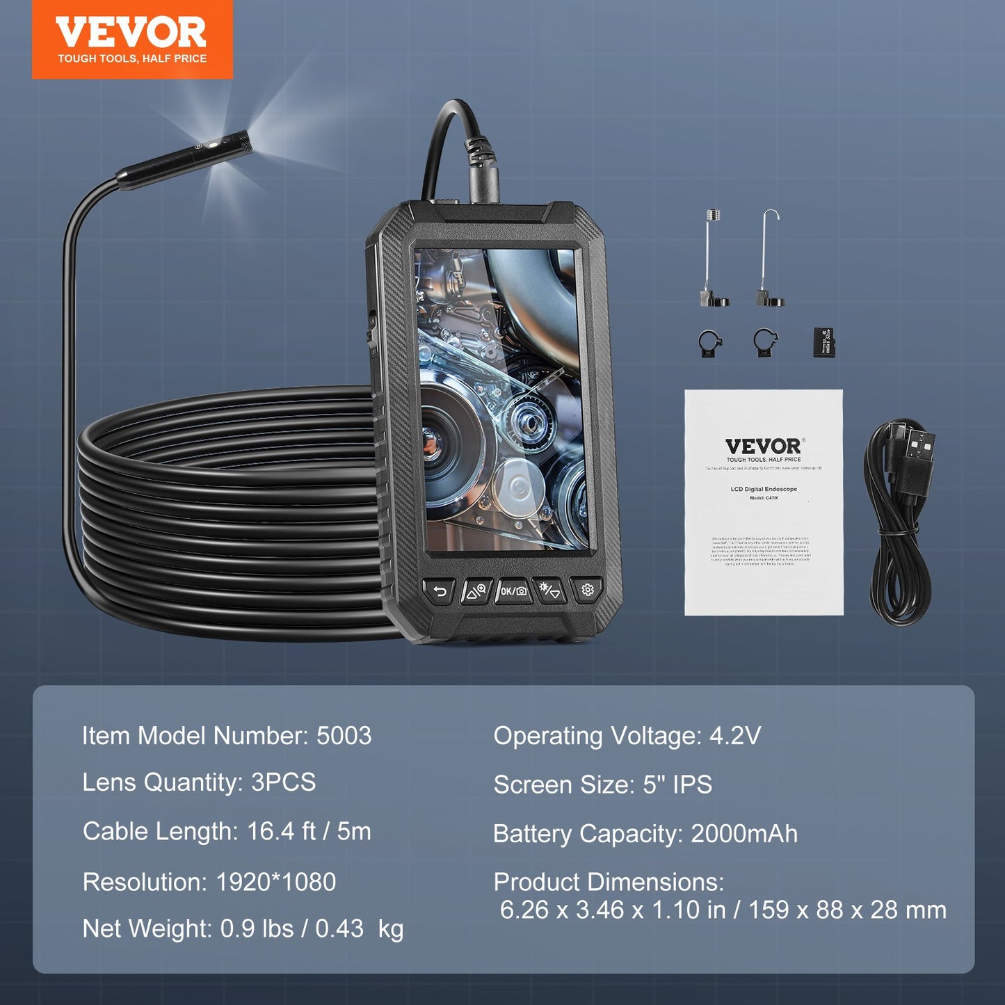 Endoscope Camera with Lights Triple Lens Borescope 499.9 cm Cable 12.7