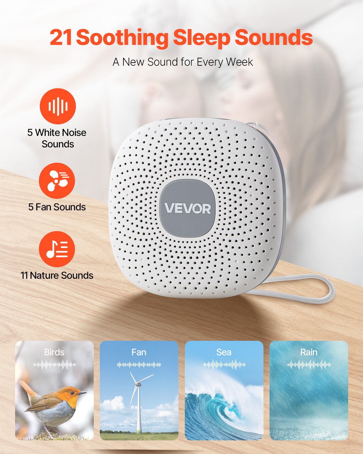 Sound Machine, 21 Soothing Sleep Sounds, 3-in-1 Portable and Hangable