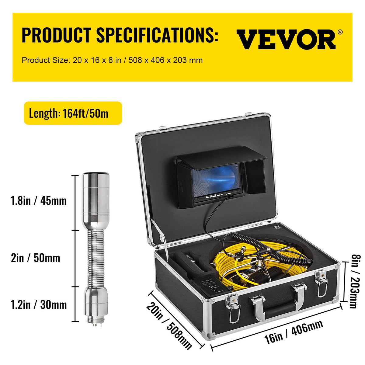 VEVOR 50M Sewer Inspection Camera 7 Inch Monitor LCD DVR Waterproof