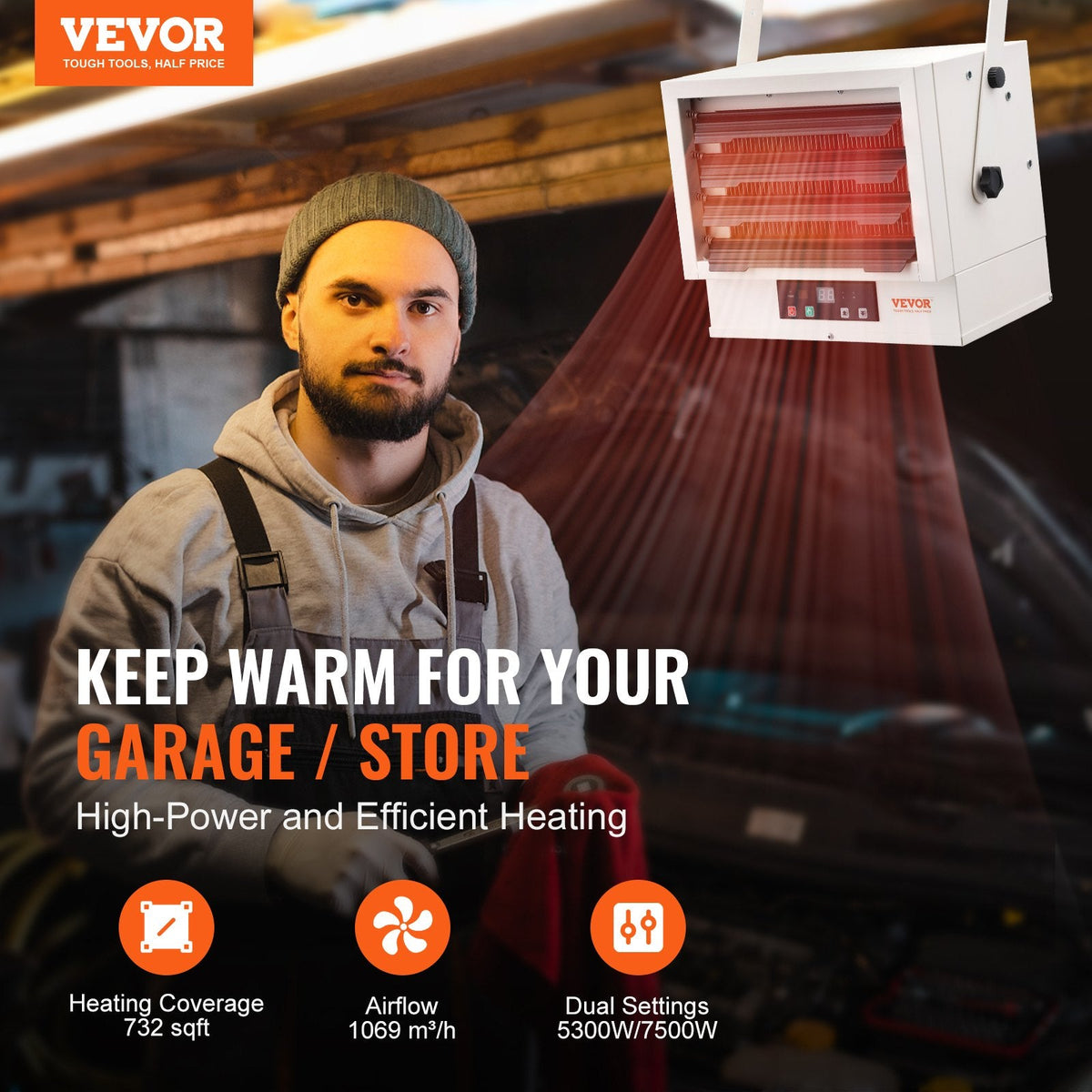 VEVOR Electric Garage Heater, 7500-Watt Digital Fan-Forced