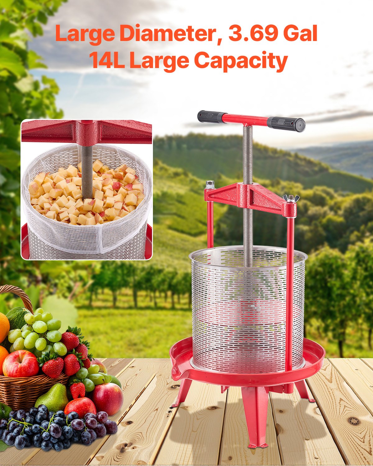 VEVOR 3.69 Gal/14L Fruit Wine Press, Stainless Steel Basket with