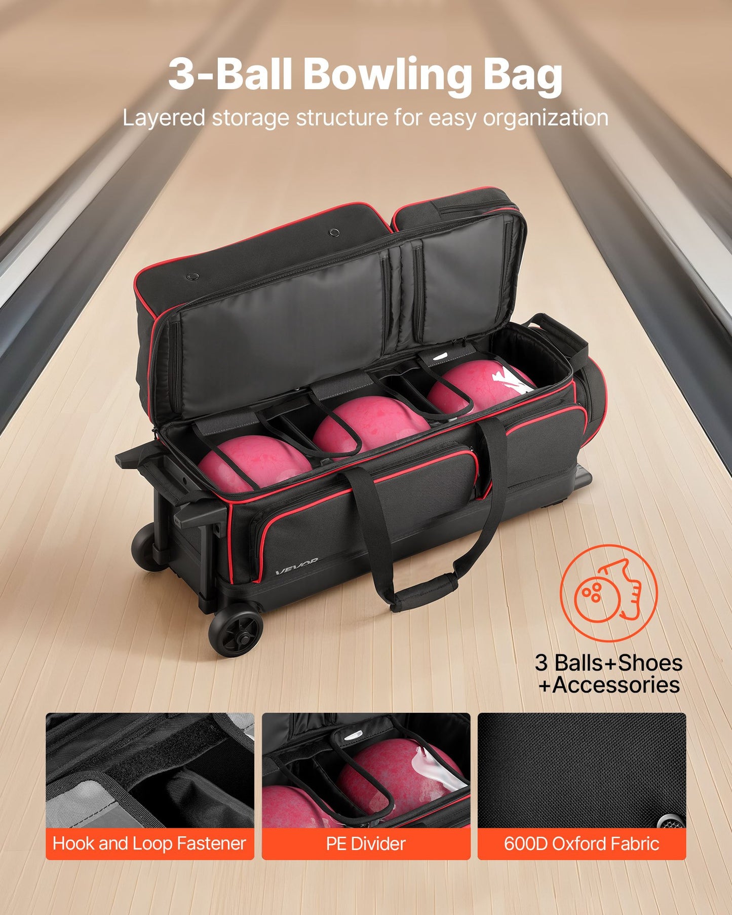 Bowling Ball Bag, 3 Ball Double Roller Bowling Bag with Wheels,