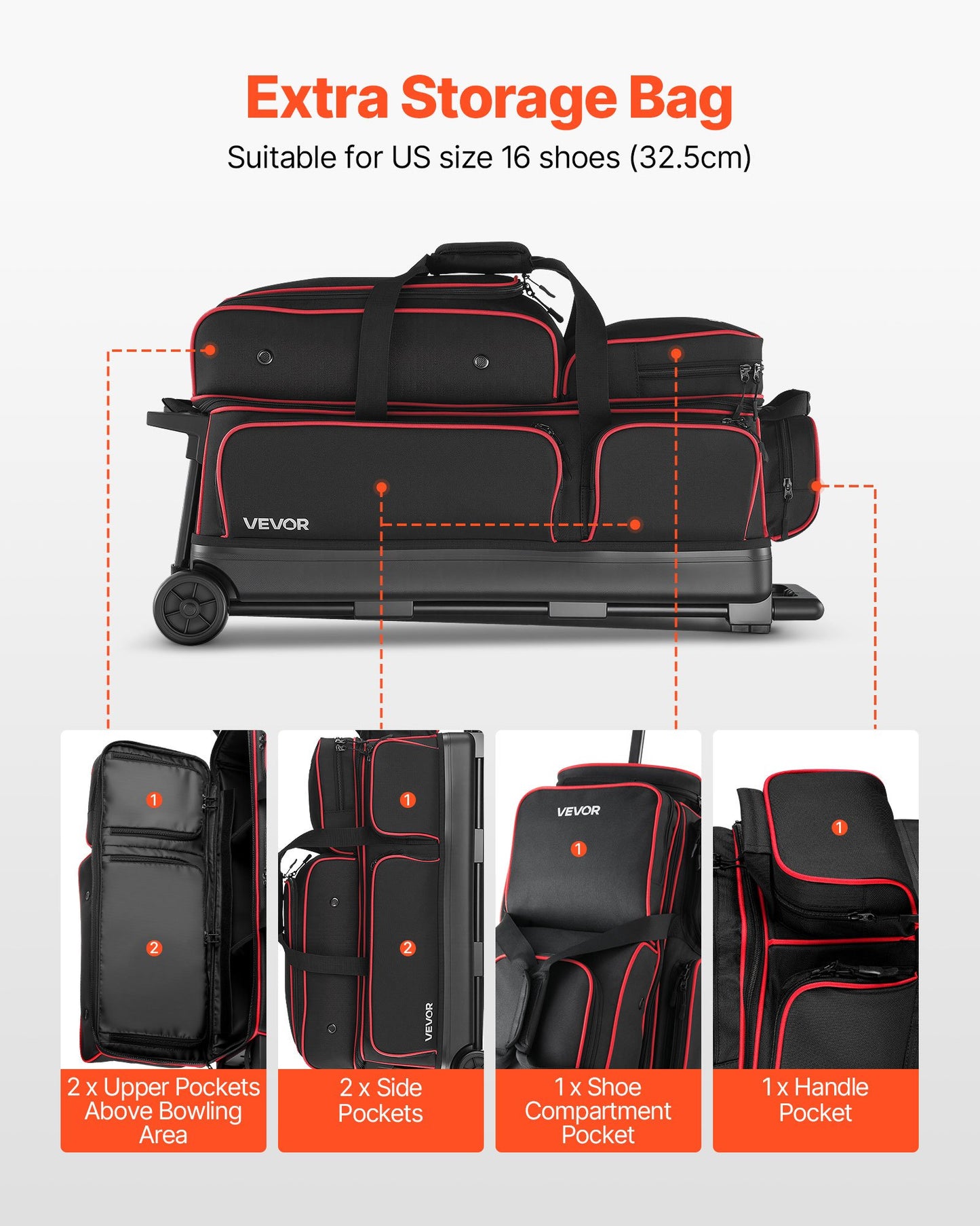 Bowling Ball Bag, 3 Ball Double Roller Bowling Bag with Wheels,