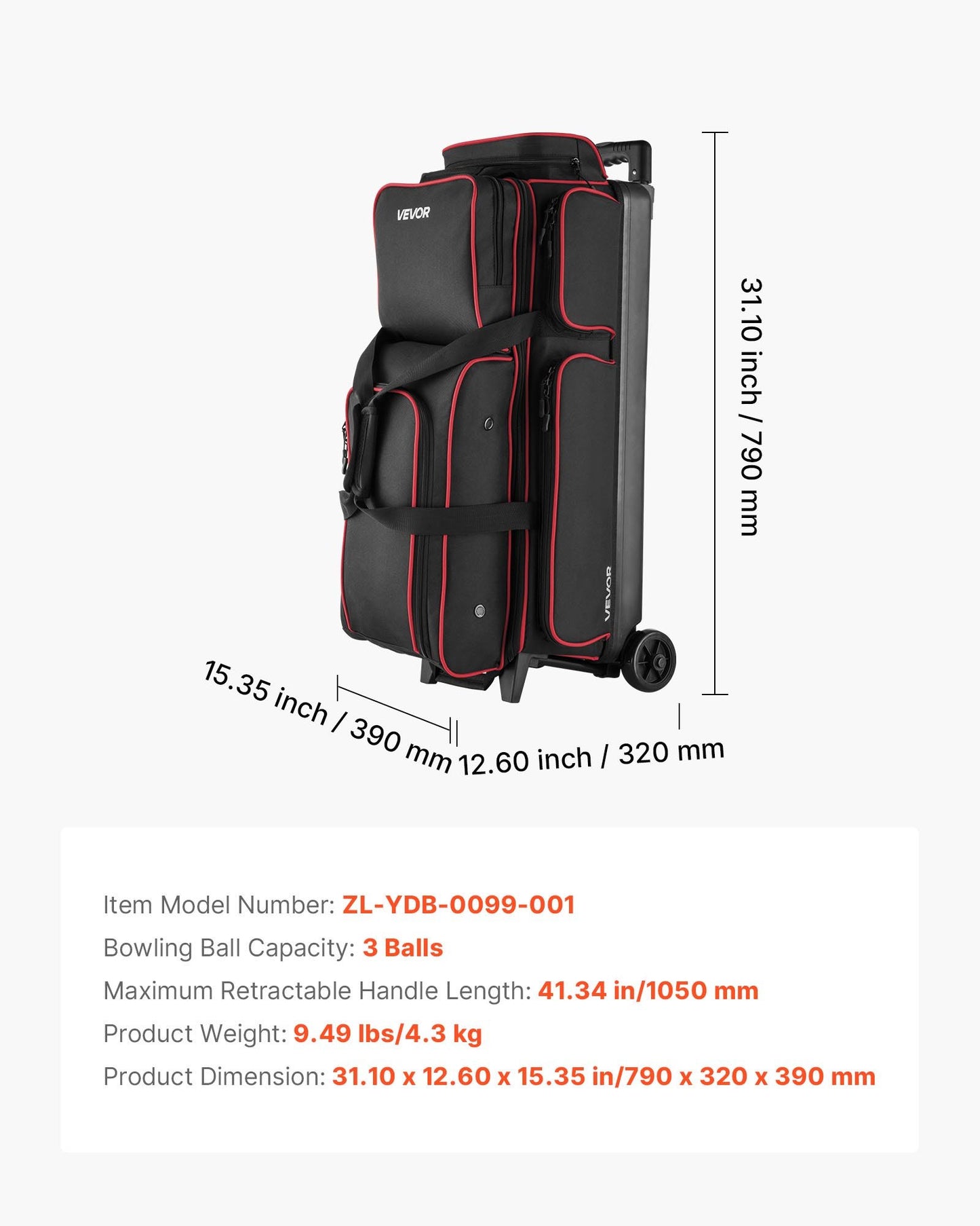 Bowling Ball Bag, 3 Ball Double Roller Bowling Bag with Wheels,