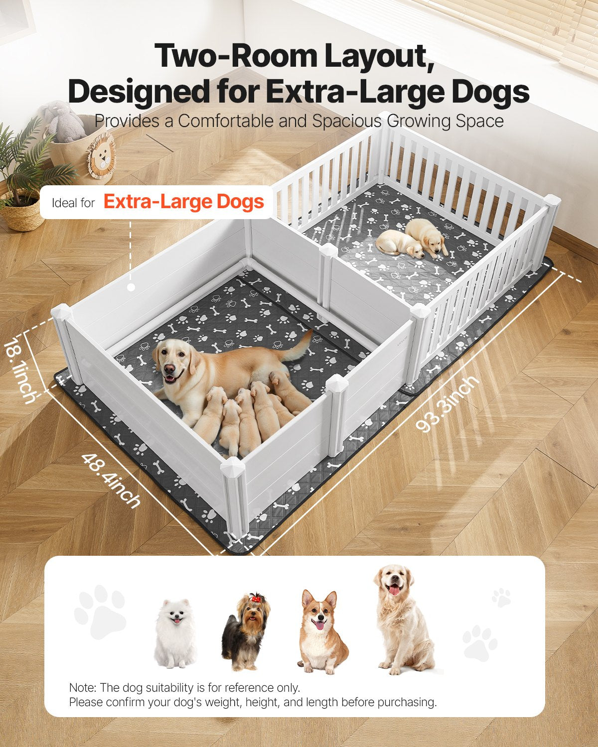Dogs Whelping Box, 93.3x48.4x18.1 inch, Plastic PVC Puppies Playpen