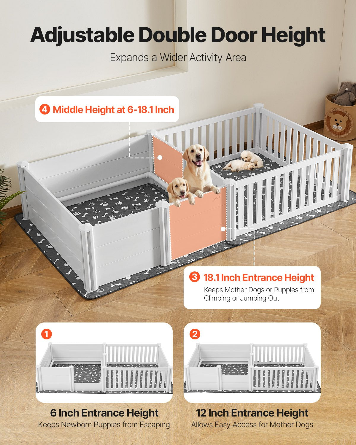 Dogs Whelping Box, 93.3x48.4x18.1 inch, Plastic PVC Puppies Playpen