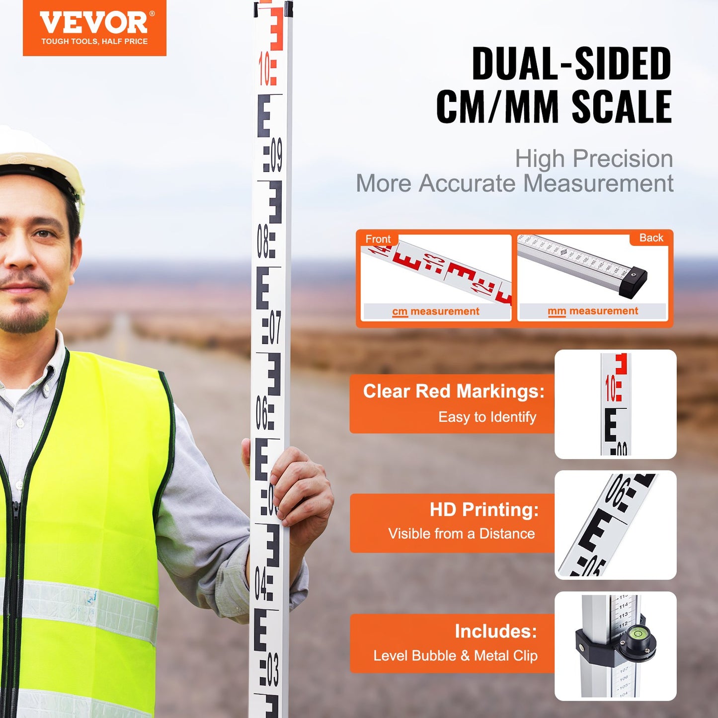 Aluminum Grade Rod, 5M Metric Telescopic Measuring Rod, Double-Sided