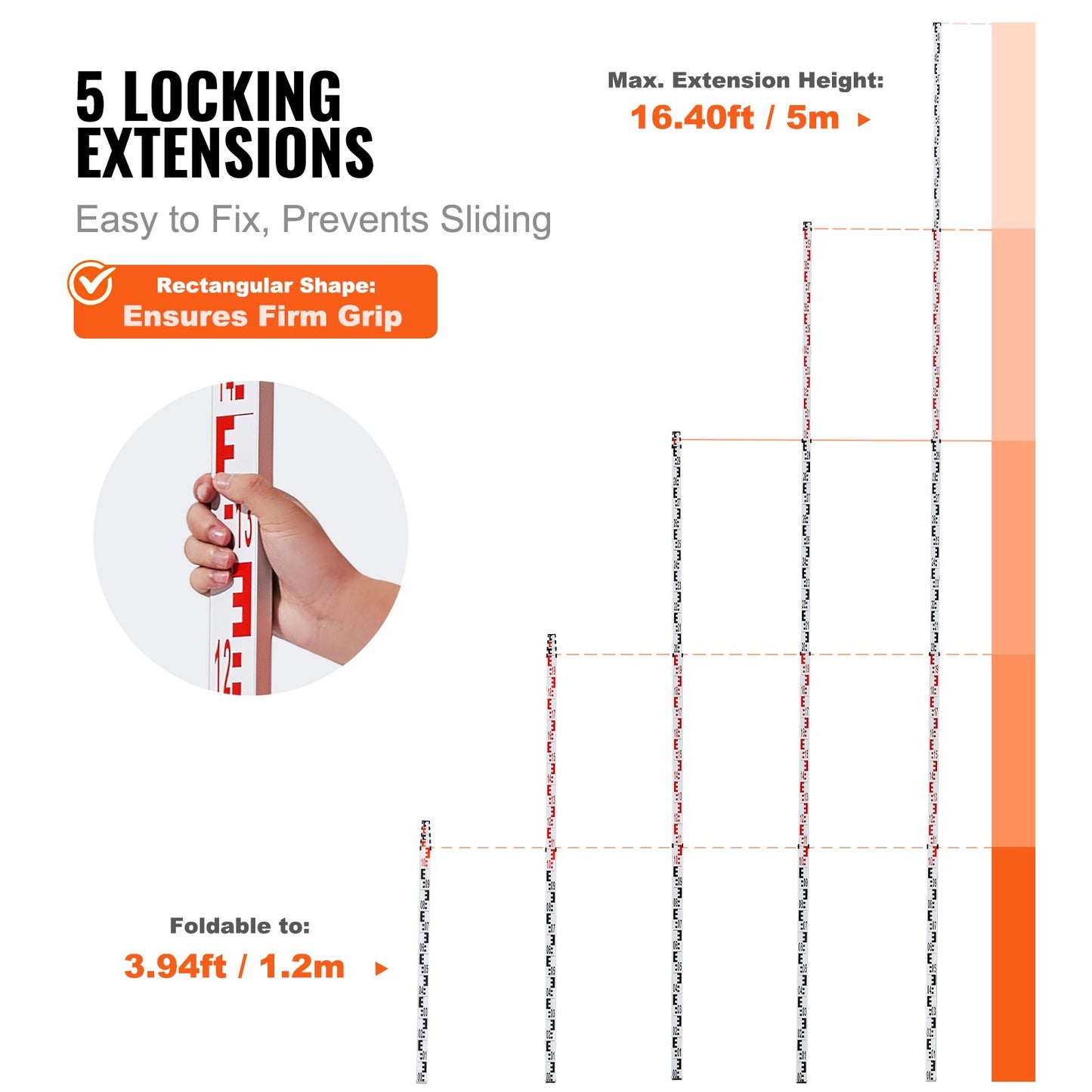 Aluminum Grade Rod, 5M Metric Telescopic Measuring Rod, Double-Sided