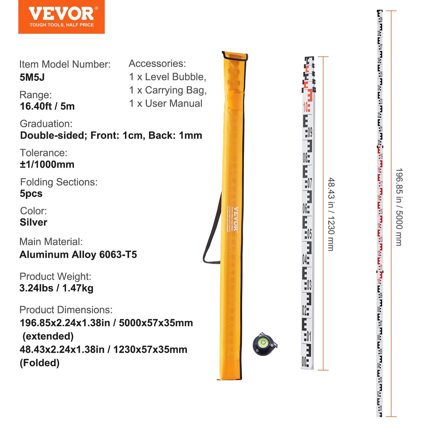 Aluminum Grade Rod, 5M Metric Telescopic Measuring Rod, Double-Sided