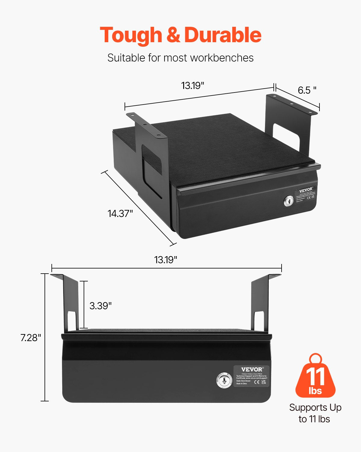 VEVOR 13" Wide Under Desk Drawer Slide Out, Under Desk Mounted Pull-ou