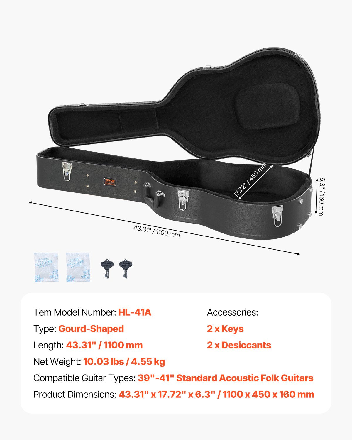 VEVOR Acoustic Guitar Hard Case 43.31 in / 110 cm With Lock And Keys