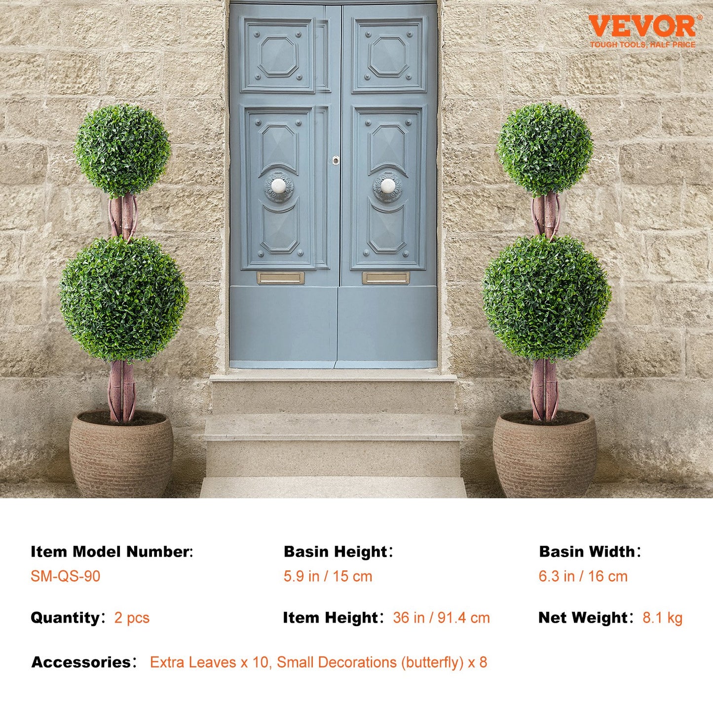 Artificial Boxwood Topiary Tree, 36 inch Tall (2 Pieces), Double Ball
