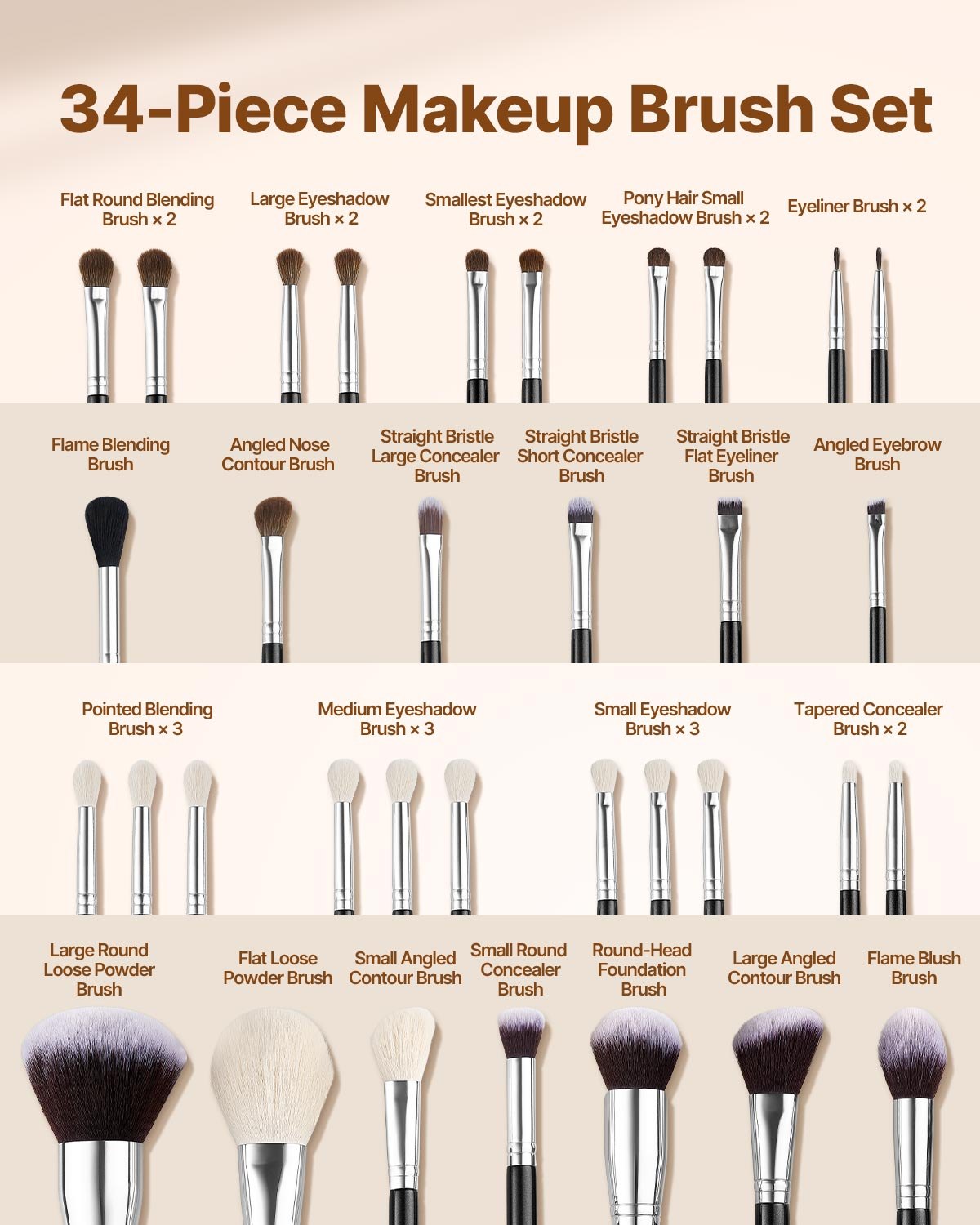 34-Piece Makeup Brush Set, Professional Brushes Kit for Foundation