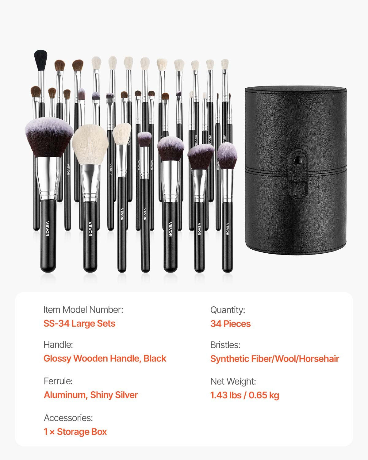 34-Piece Makeup Brush Set, Professional Brushes Kit for Foundation