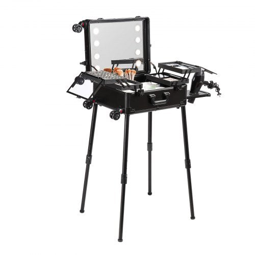 Makeup Train Case with Lock, Lighted Mirror, 4 Storage Trays, Brush