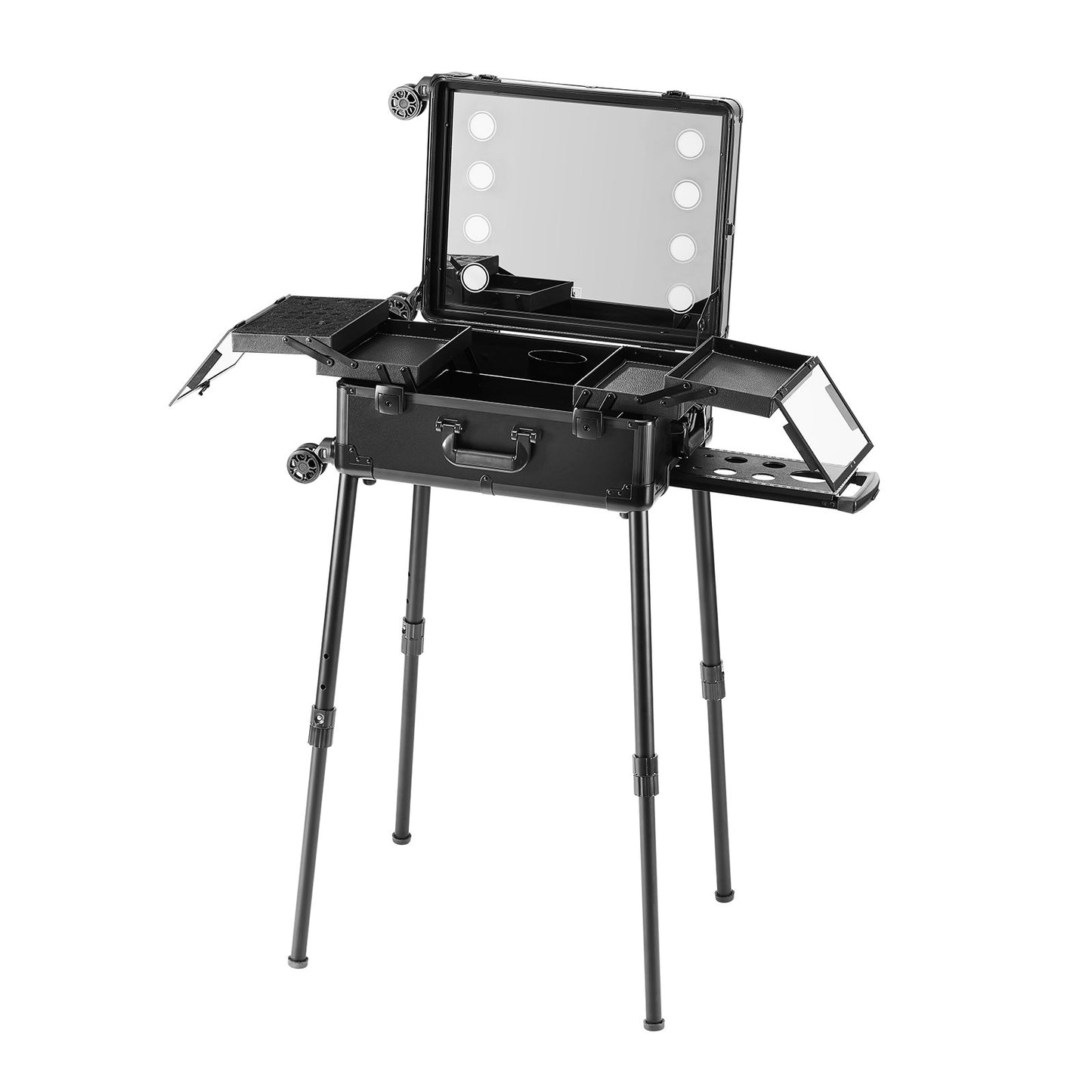Makeup Train Case with Lock, Lighted Mirror, 4 Storage Trays, Brush