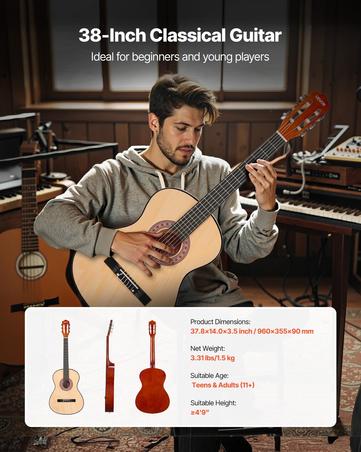 Classical Guitar, 960 mm, Wood Classical Guitar Starter Kit for