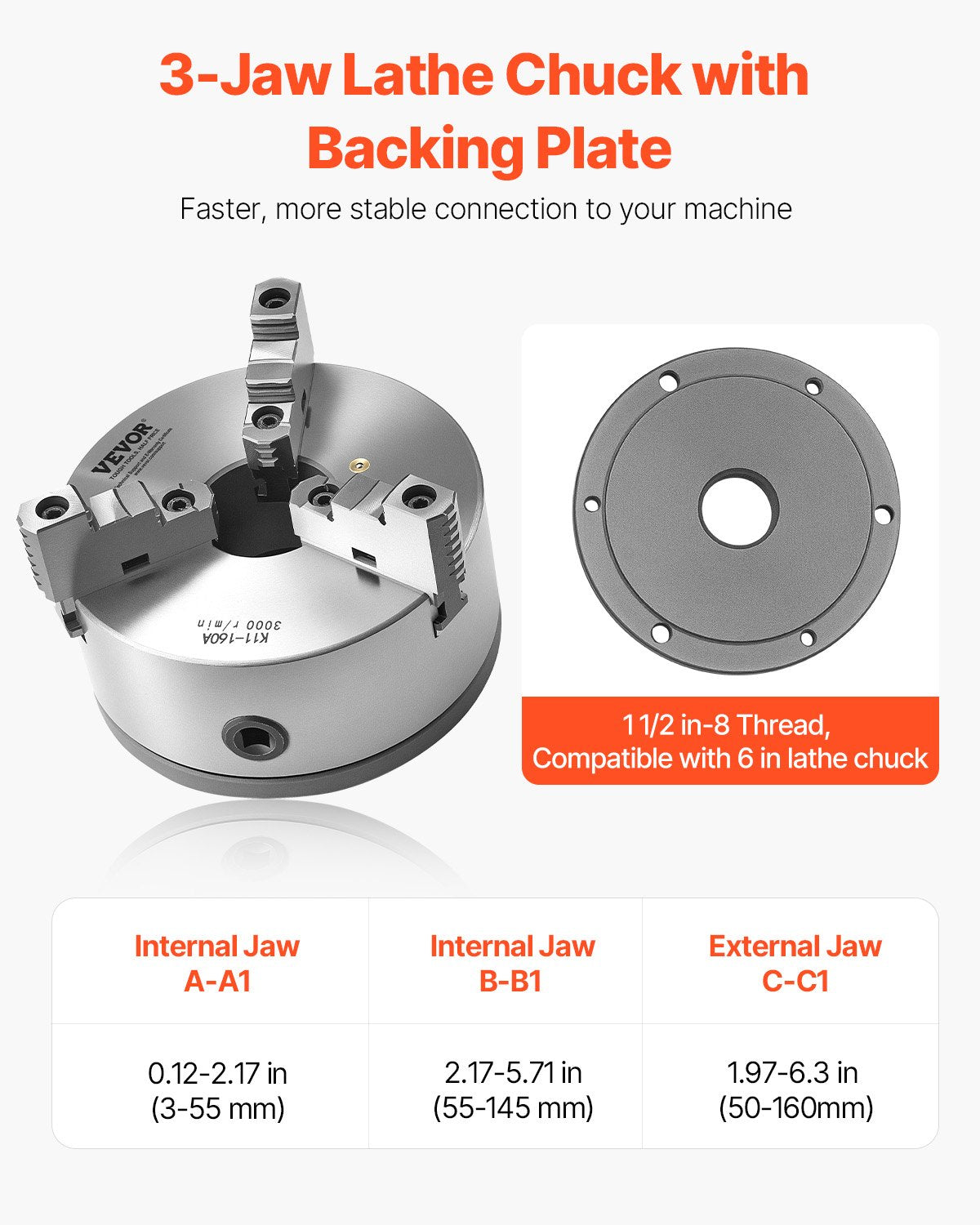 VEVOR 3-Jaw Lathe Chuck, 6 Inch (160 mm), Self-Centering Chuck with 1