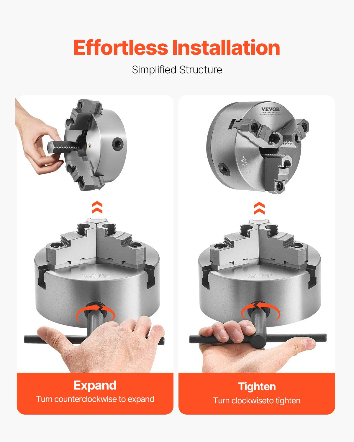 VEVOR 3-Jaw Lathe Chuck, 6 Inch (160 mm), Self-Centering Chuck with 1