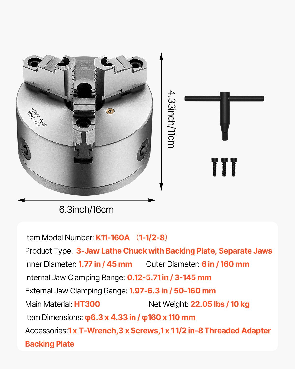 VEVOR 3-Jaw Lathe Chuck, 6 Inch (160 mm), Self-Centering Chuck with 1