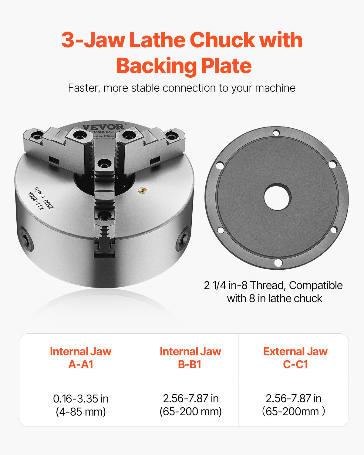 VEVOR 3-Jaw Lathe Chuck, 8 Inch (200 mm), Self-Centering Chuck with 2