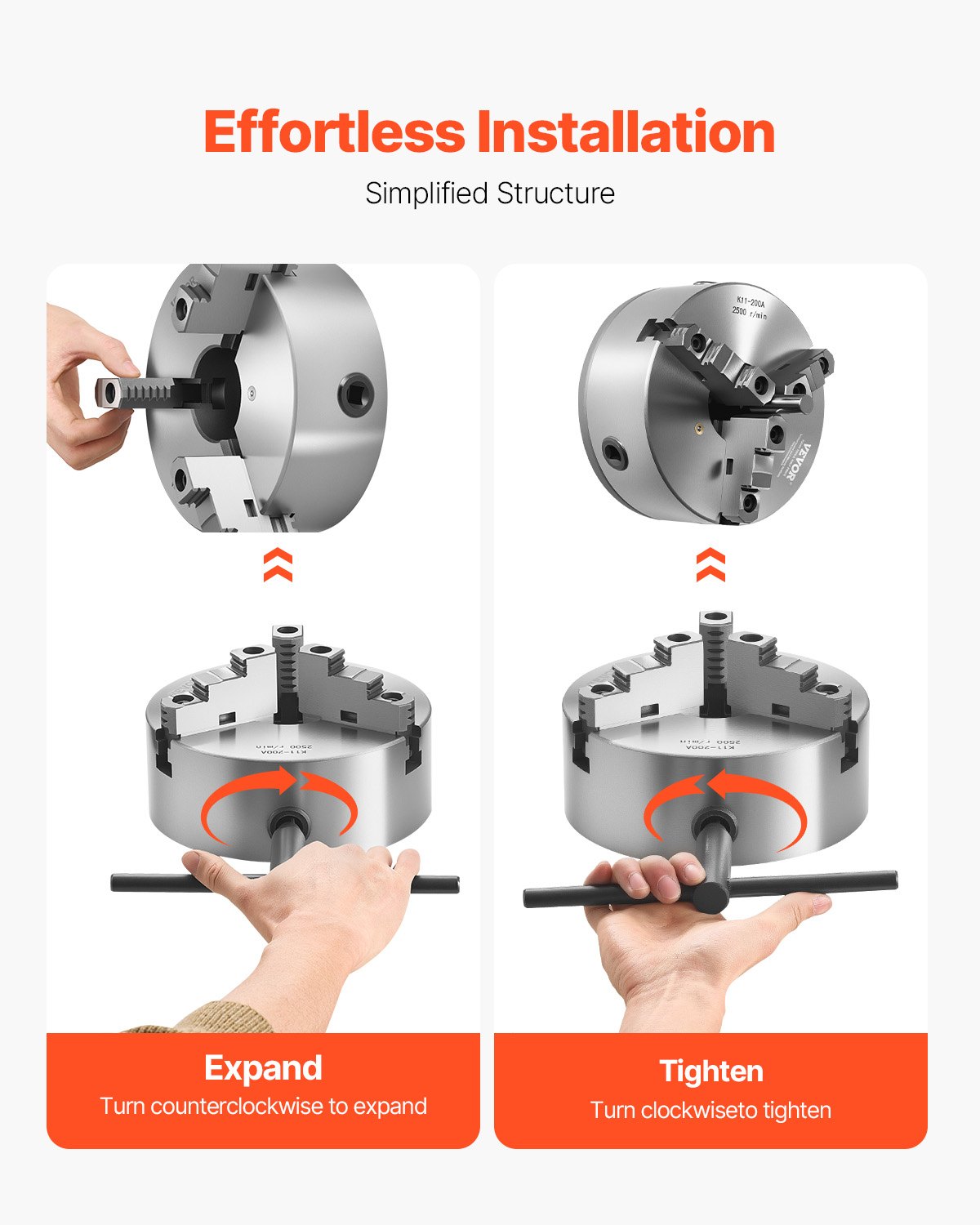 VEVOR 3-Jaw Lathe Chuck, 8 Inch (200 mm), Self-Centering Chuck with 2