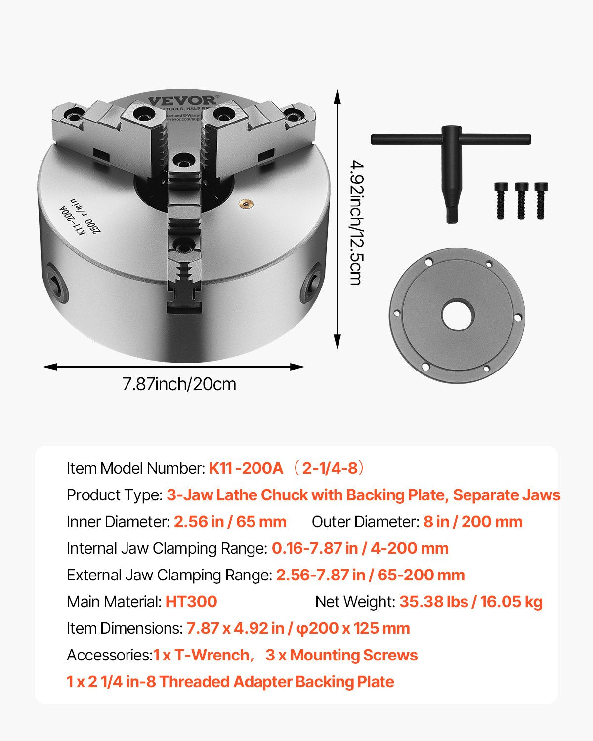 VEVOR 3-Jaw Lathe Chuck, 8 Inch (200 mm), Self-Centering Chuck with 2