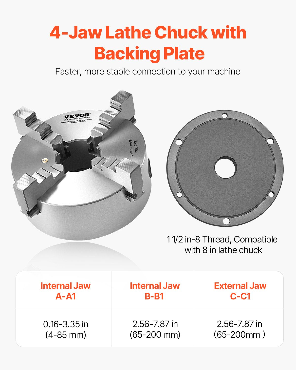 VEVOR 4-Jaw Lathe Chuck, 8 Inch (200 mm), Self-Centering Chuck with 1