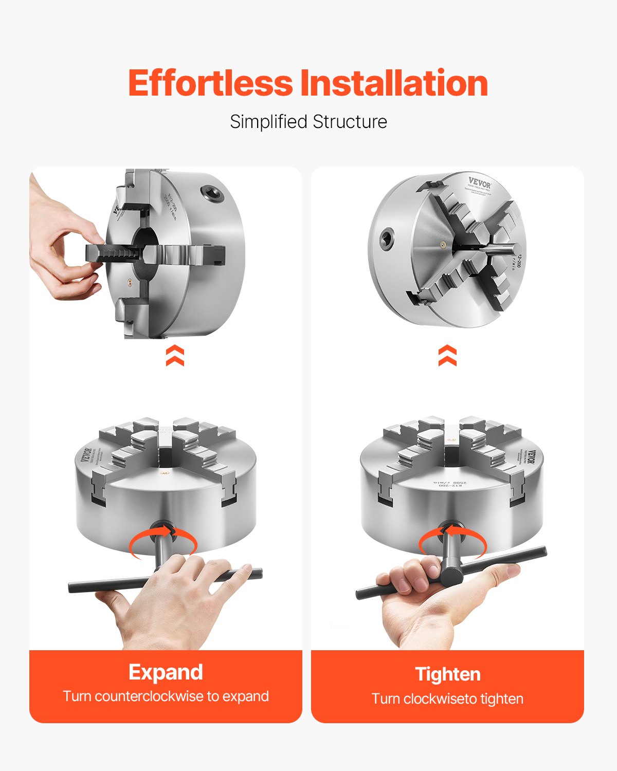 VEVOR 4-Jaw Lathe Chuck, 8 Inch (200 mm), Self-Centering Chuck with 1