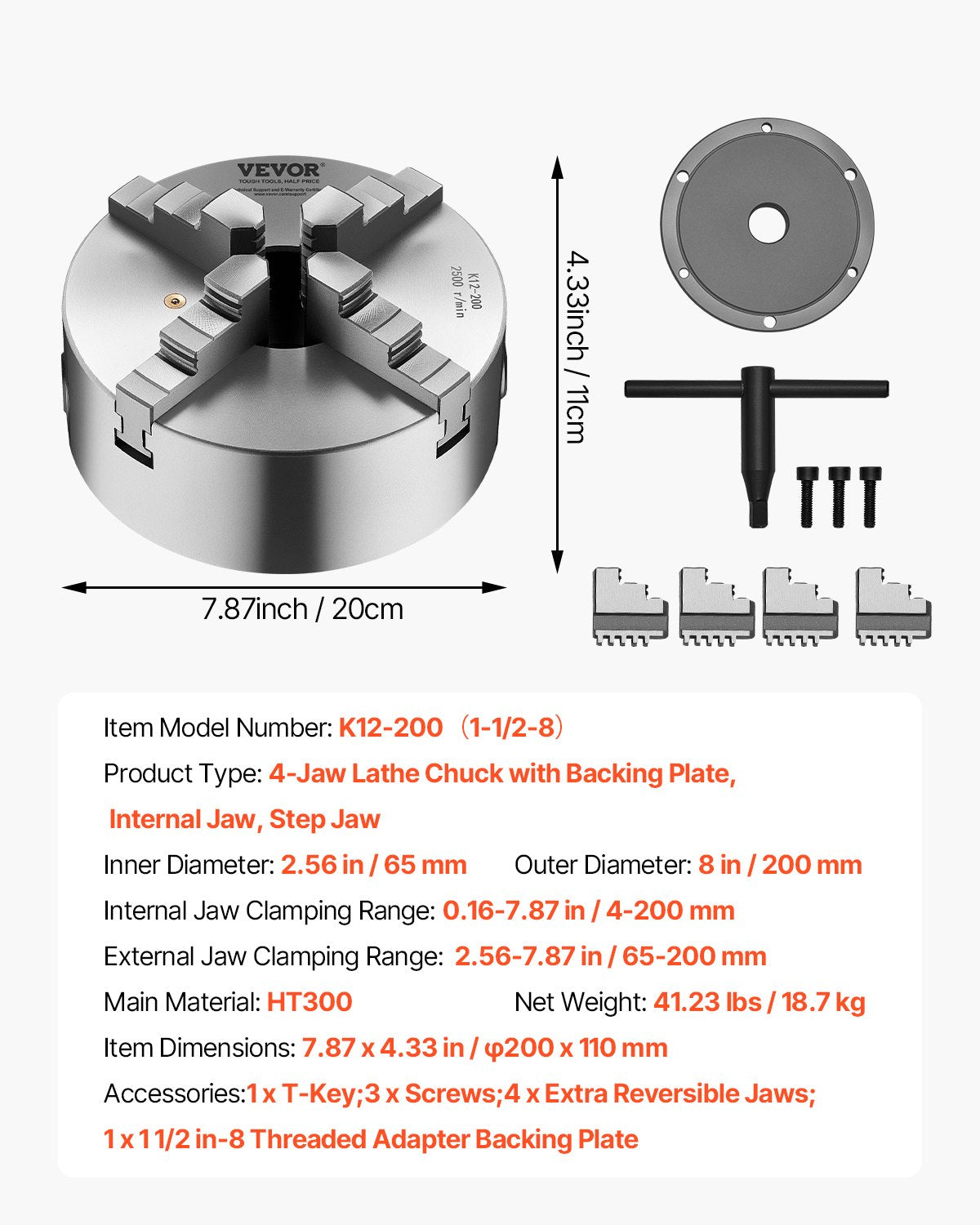 VEVOR 4-Jaw Lathe Chuck, 8 Inch (200 mm), Self-Centering Chuck with 1