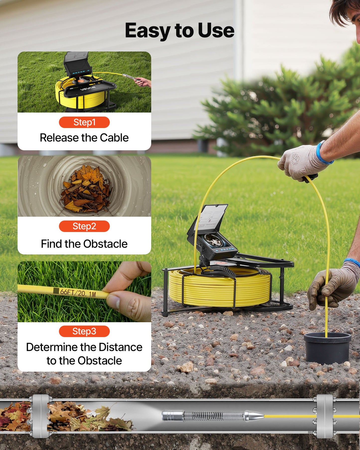 Sewer Camera, 30m Drain Inspection Camera, IP68 Waterproof Snake